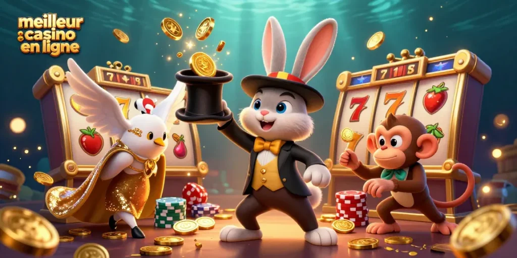 Illustration dynamique présentant le meilleur casino en ligne avec un magicien, des pièces d'or et des symboles de machines à sous.