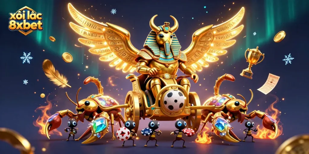 Xôi lạc 8xbet showcases exhilarating sports betting with a pharaoh beetle and scorpions in striking detail.