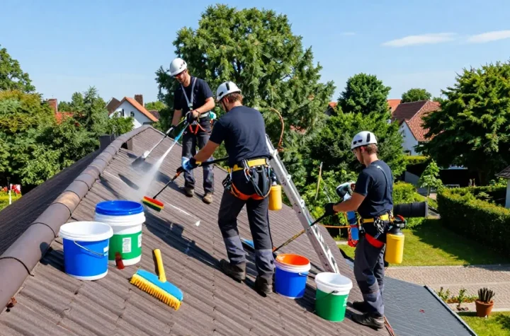 Dachreinigung Dortmund durch professionelle Reinigungsteams mit umweltfreundlichen Reinigungsmitteln auf einem Wohnhaus in Dortmund.