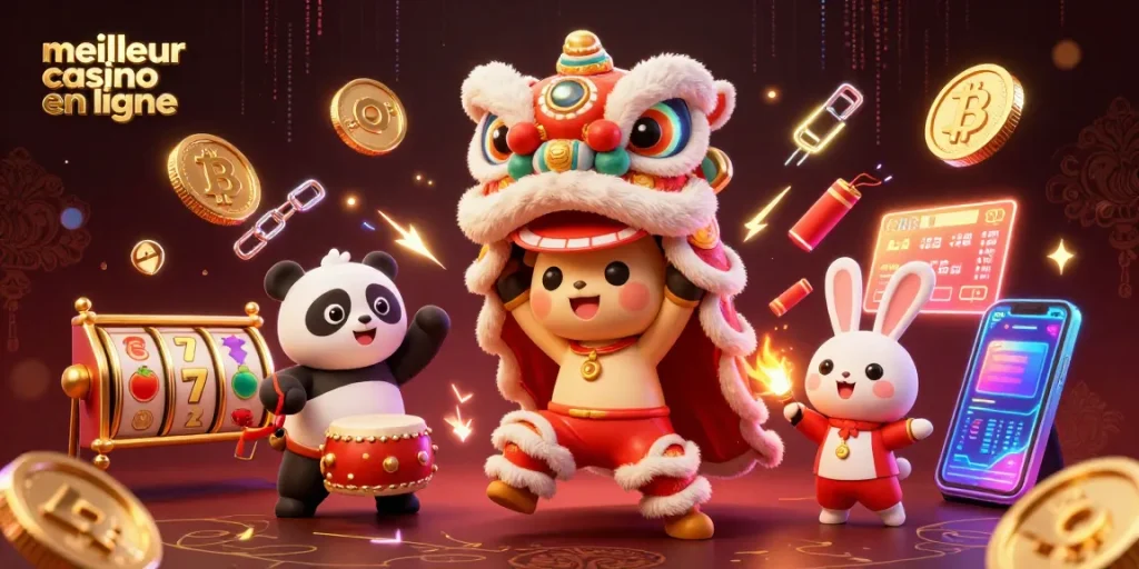 Jouer au meilleur casino en ligne avec une danse de lion et des éléments de crypto-monnaie animés.