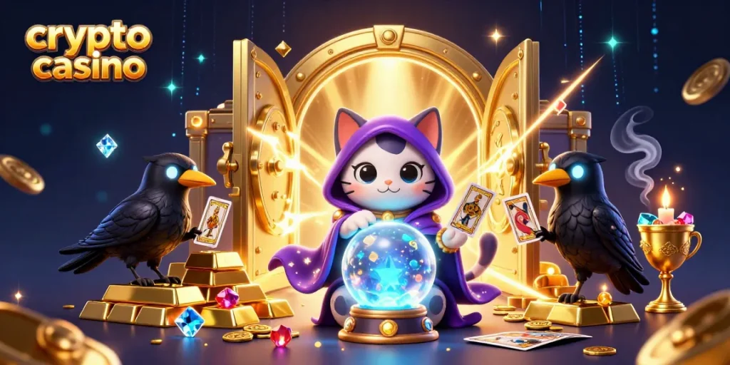 Profitez du casino crypto avec un chat mystique et une corbeau à cartes au milieu d'une scène scintillante.