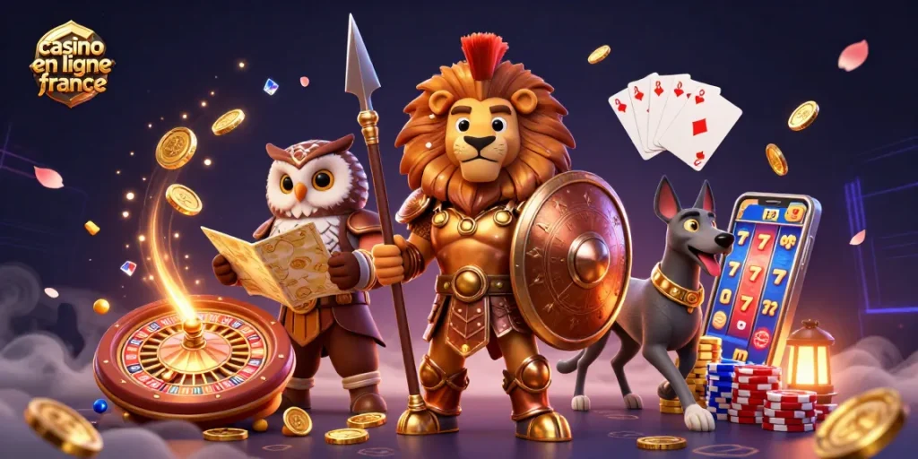 Illustration dynamique de casino en ligne France, mettant en scène un lion spartan en armure avec des pièces d'or et une roulette.