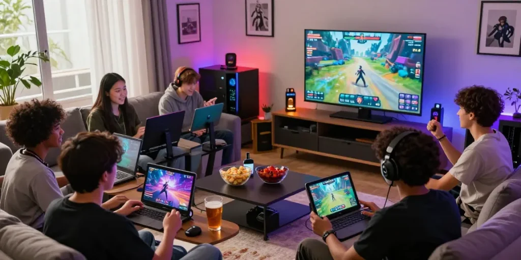 Gaming enthusiasts enjoying CIKA4D platform in a lively living room setting.