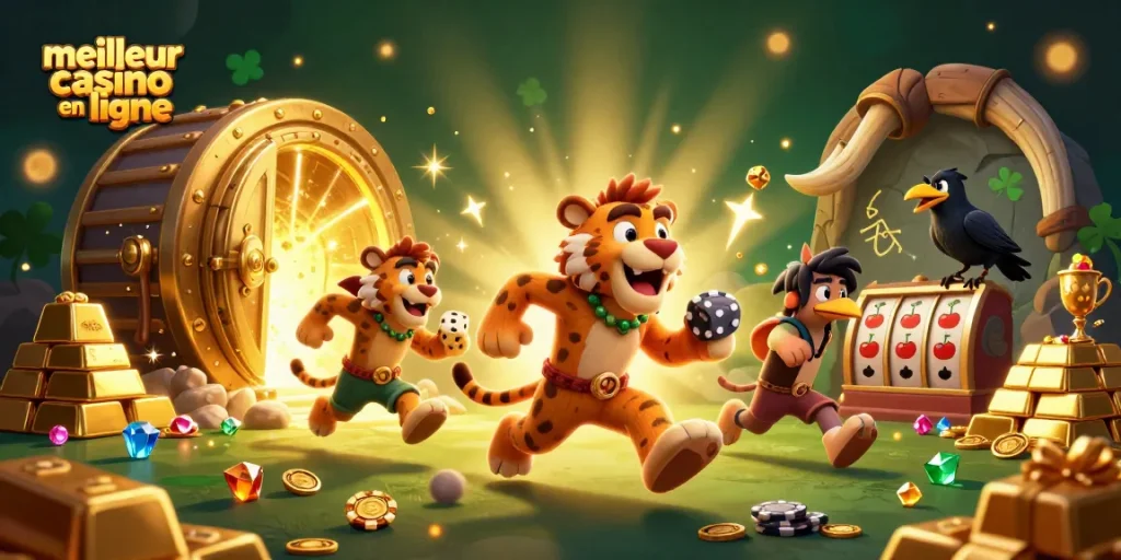 Découvrez le meilleur casino en ligne avec un duo préhistorique animé jouant aux machines à sous.