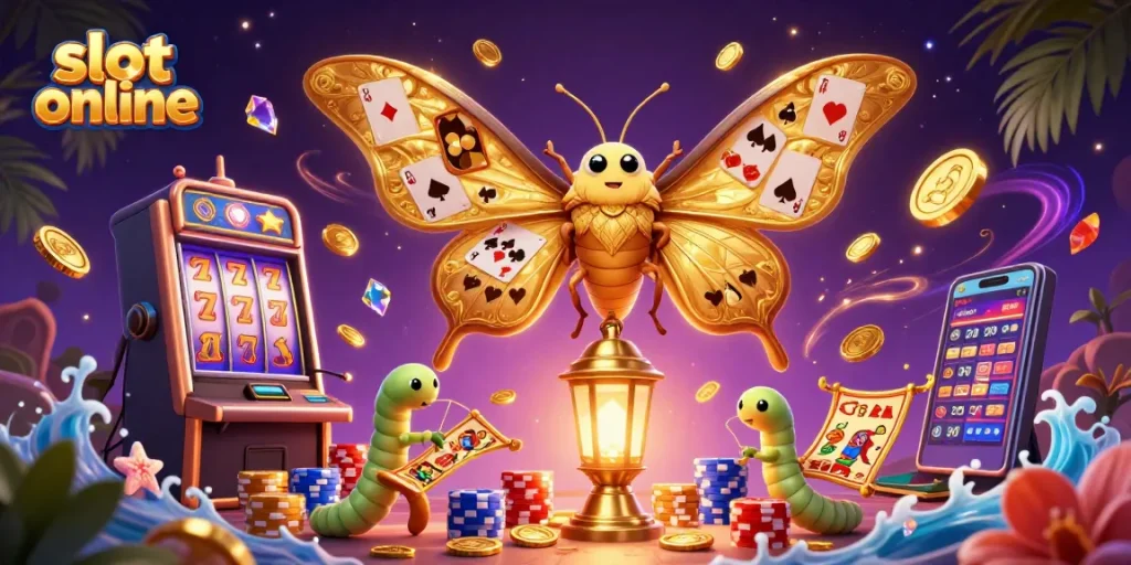 Experience excitement with slot online akin to a 3D moth surrounded by casino treasures.
