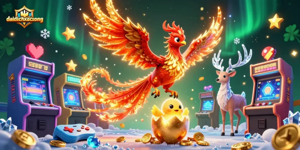 Experience thrilling adventures in daidichxacsong as a fire phoenix soars amidst dazzling game machines