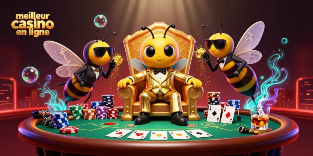 Visualisez le meilleur casino en ligne avec des éléments de poker et un boss abeille charismatique.