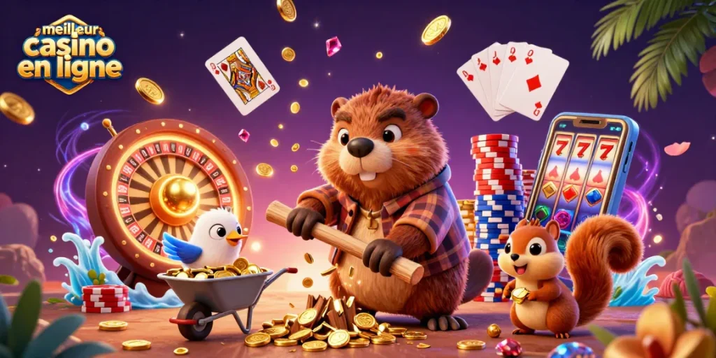 Illustration dynamique de meilleur casino en ligne avec un castor et des pièces dorées.