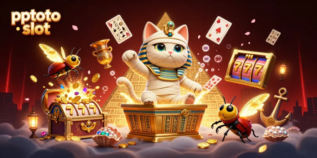 Memenangkan permainan slot di pptoto slot dengan kucing mummy dan kartu hieroglif berkilau.