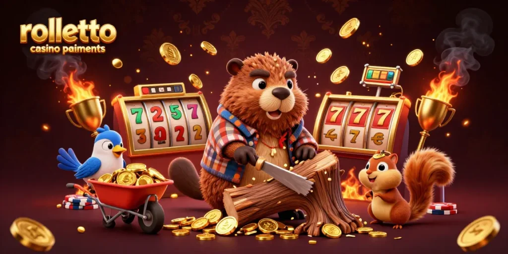 Retrouvez les paiements sur rolletto casino paiements avec un castor, un oiseau et un écureuil collectant des pièces d'or.