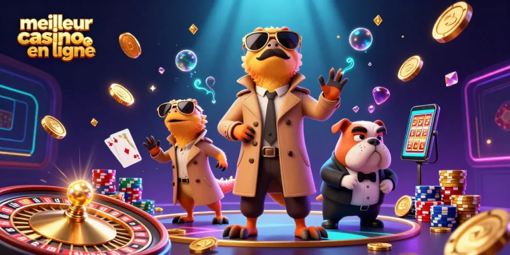 Visualisez le meilleur casino en ligne avec des raptors déguisés dans un casino rempli de pièces d'or.
