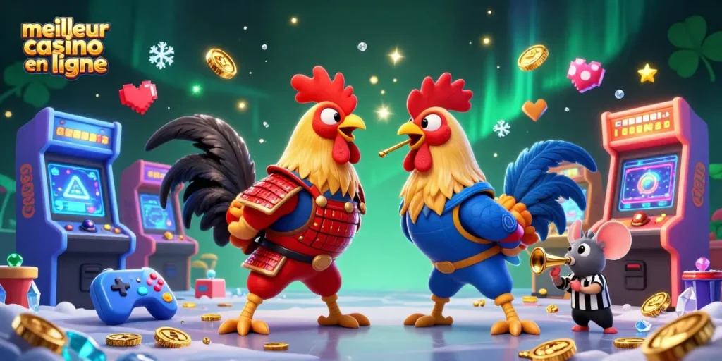 Image d'une confrontation dynamique entre deux coqs combattants en armures, représentant le meilleur casino en ligne.