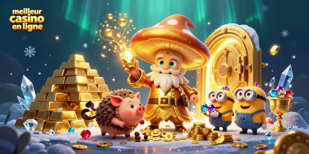 Illustration de meilleur casino en ligne où un sorcier géant transforme tout en or, avec des minions et trésors scintillants.