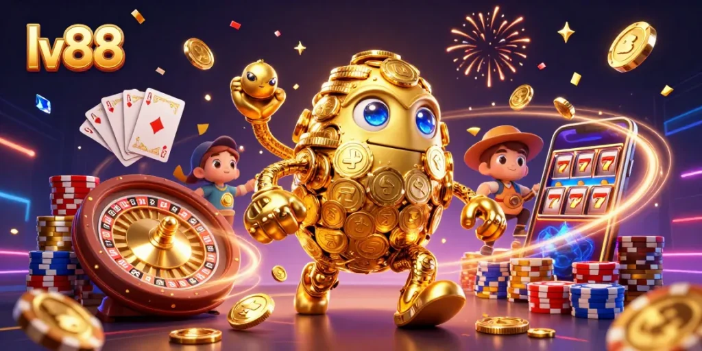 Spin and win at lv88 with an ultra-detailed illustration of a golden golem and casino elements flying above.