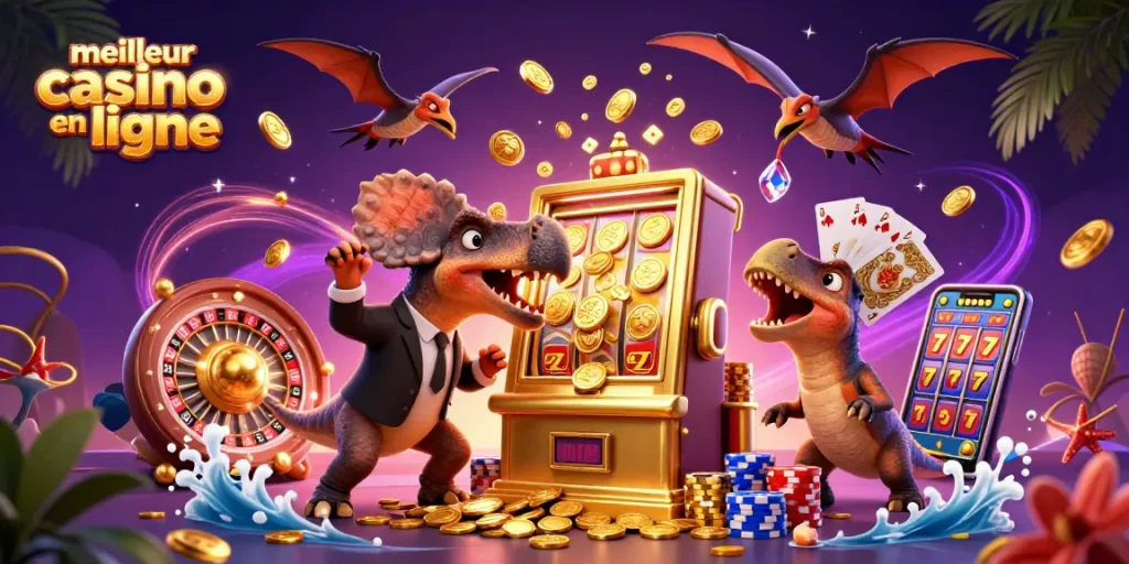 Illustration dynamique représentant le meilleur casino en ligne avec un pachycéphale frappant une machine à sous pour remporter des pièces d'or.
