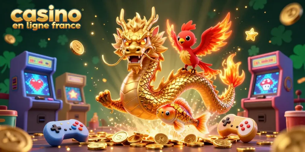 Jouez à un casino en ligne en France avec un dragon majestueux, un phœnix ardent et un koi doré parmi des éléments de jeu colorés.