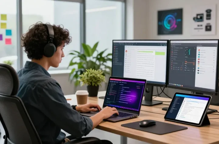 Aplikasi UFO777 pada laptop di ruang kerja modern, menunjukkan proses pengembangan APK ufoapk.id yang efisien dan inovatif.