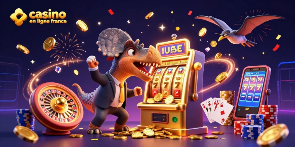 Exploitation de jackpots dans un casino en ligne France avec un pachycephalosaurus et des pièces dorées volantes.