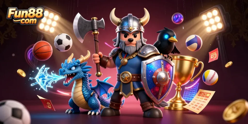 Engage with Fun88 com, featuring a Viking warrior, fierce dragon, and dynamic sports elements energizing the scene.