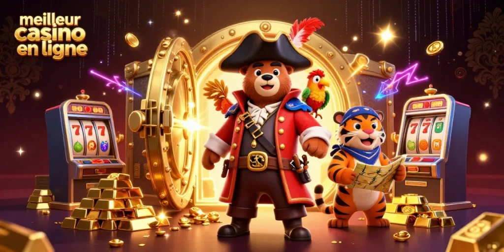 Célébrez vos gains au meilleur casino en ligne avec un ours pirate et un tigre, entourés de trésors scintillants.
