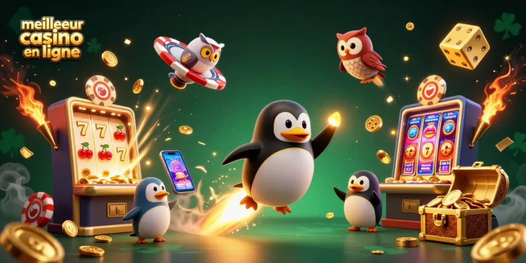 Jouez au meilleur casino en ligne avec un pingouin doré propulsé par une fusée dans une scène dynamique.