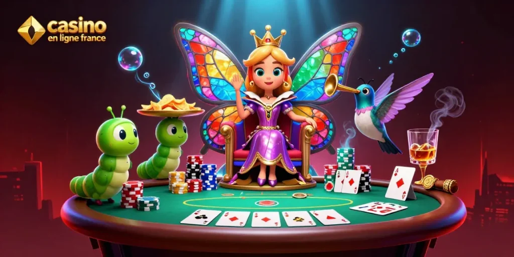 Jouer au casino en ligne France avec la reine papillon et des éléments de poker colorés.