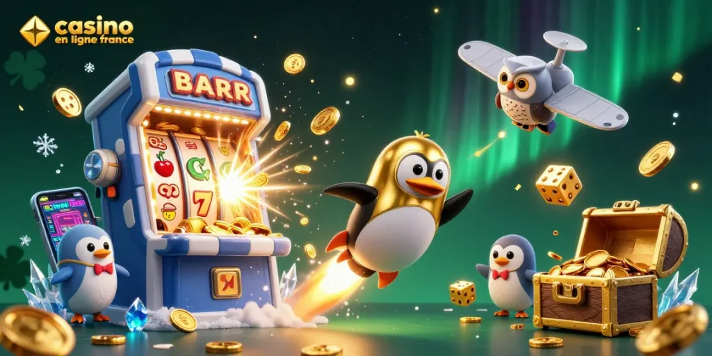 Découvrez l'illustration d'un casino en ligne France où un pingouin doré fend l'espace entouré de machines à sous et d'éléments festifs.