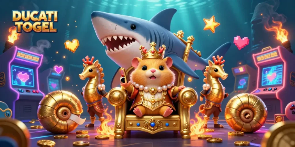 Engage in thrilling DUCATI TOGEL gameplay surrounded by vibrant arcade elements and rich underwater visuals.