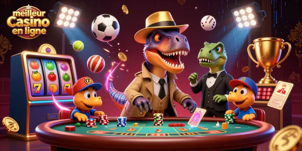 Illustration de casino mettant en scène un card counter vélociraptor au blackjack, engagé dans le meilleur casino en ligne.