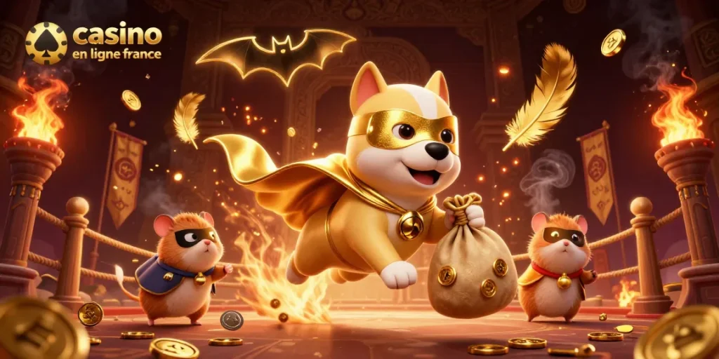 Illustration dynamique avec un chien super-héros et un hamster sur son dos pour casino en ligne france