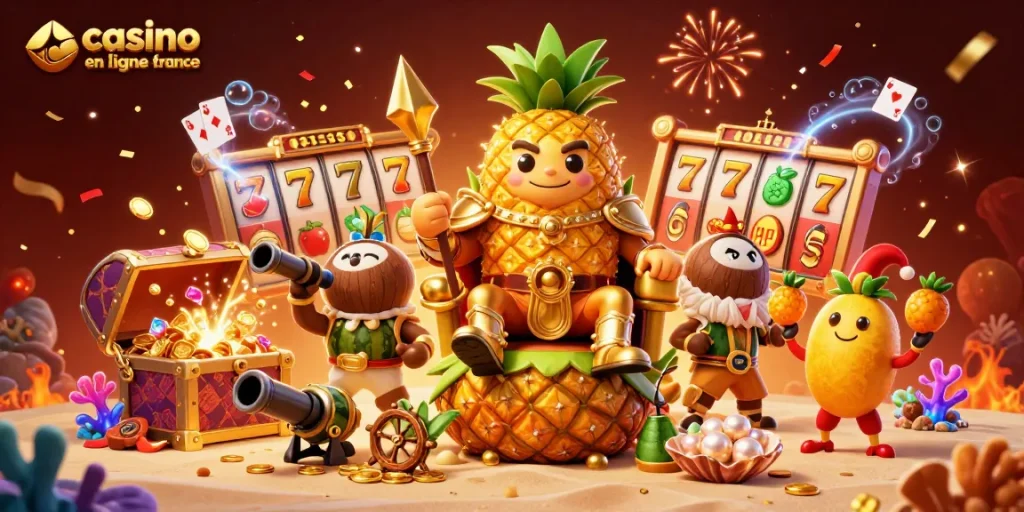Une illustration dynamique représentant le casino en ligne France avec le roi ananas et des éléments festifs.