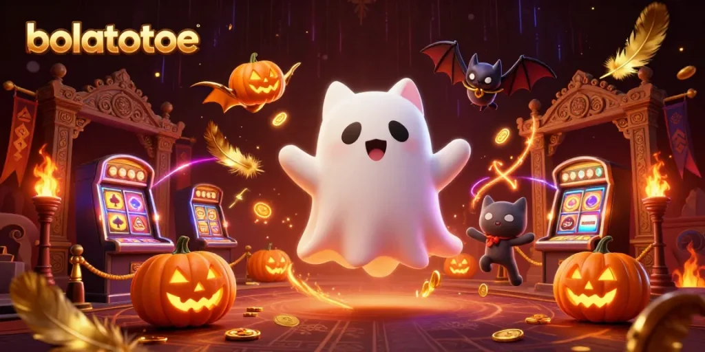 Join the ghost cat and vampire bat in bolatotoe's haunted casino adventure with glowing jack-o-lanterns!