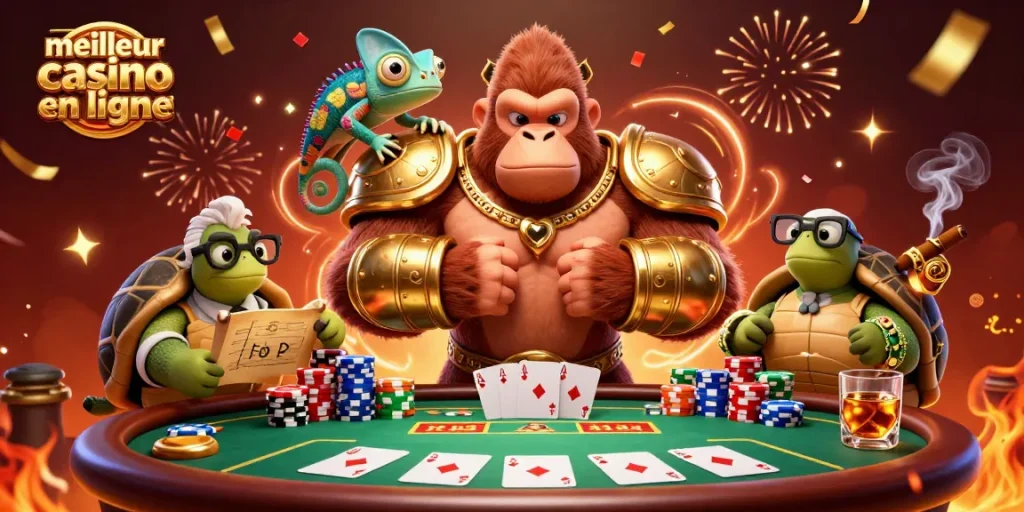 Profitez du meilleur casino en ligne avec ce gorille puissant et ses compagnons colorés dans une scène dynamique