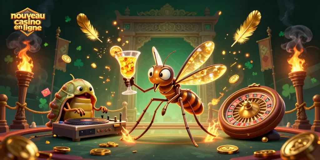 Vivez l'expérience unique d'un nouveau casino en ligne avec une scène animée de personnages fantastiques et des éléments de jeu captivants.