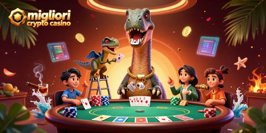 Gioca nei migliori crypto casino con la rappresentazione vivace di un brontosauro e carte sul tavolo