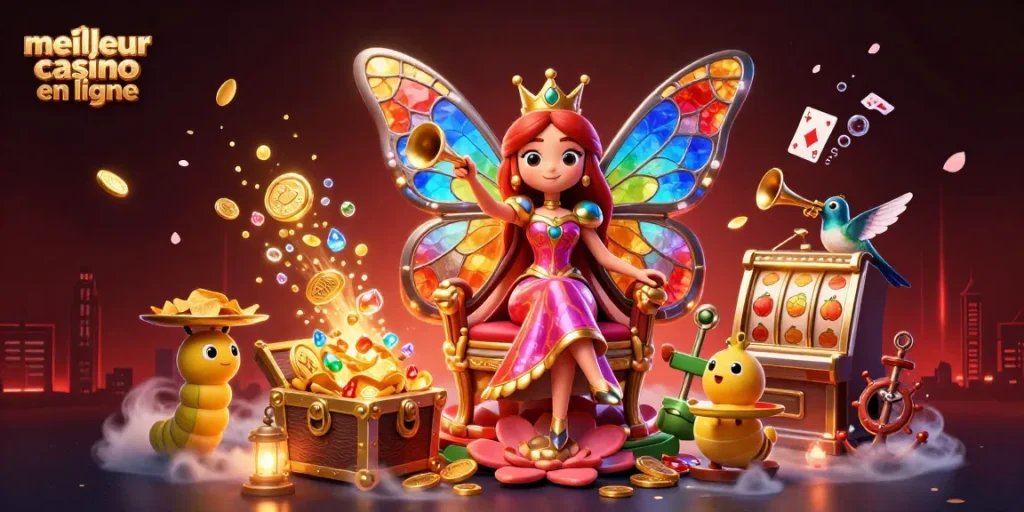 Jouer au meilleur casino en ligne avec une reine papillon 3D entourée de machines à sous et de trésors brillants.