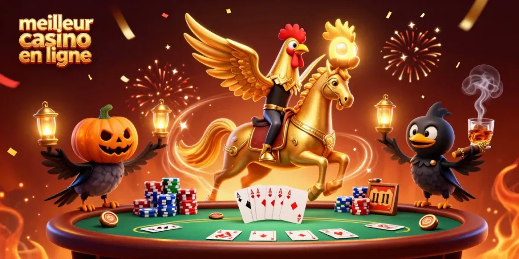 Le meilleur casino en ligne avec le cavalier sans tête en coq d'or et ses compagnons dans une scène animée.