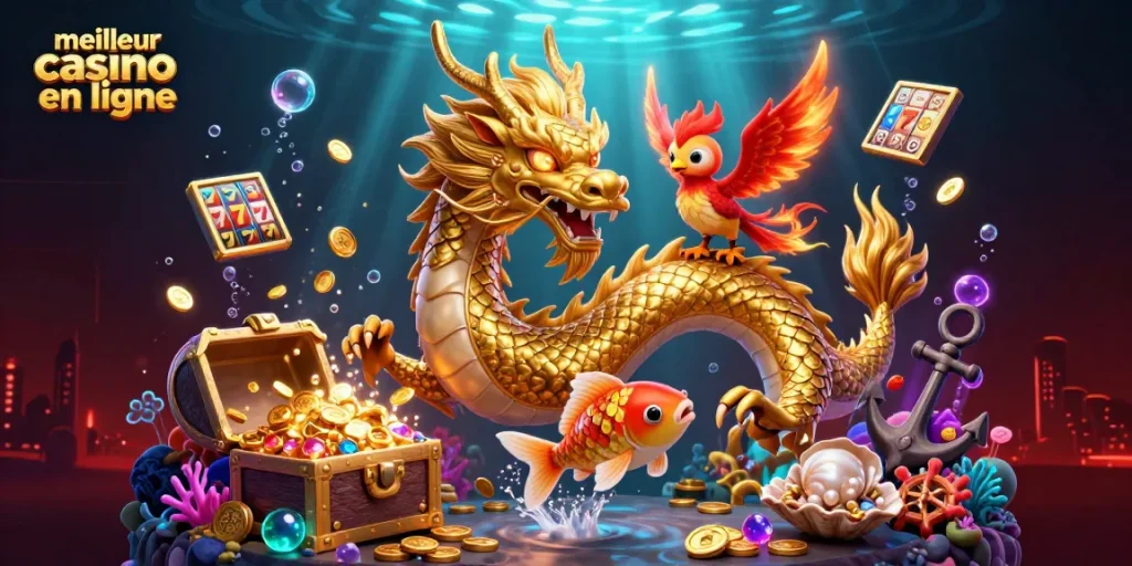 Une scène dynamique du meilleur casino en ligne avec des dragons et des machines à sous scintillantes.