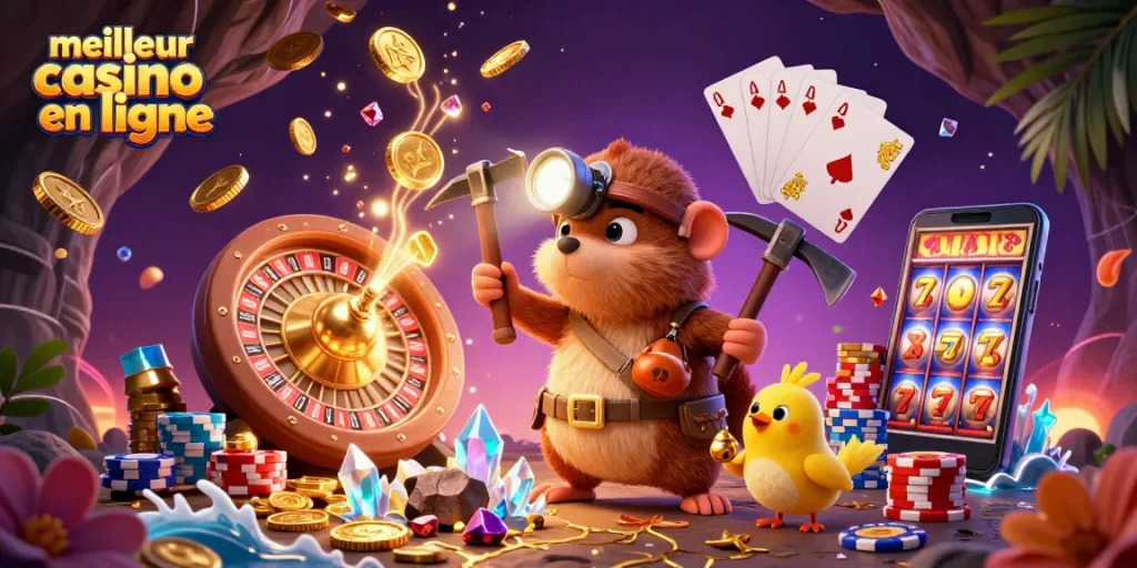 Découvrez le meilleur casino en ligne avec un mole chasseur de trésor dans une scène vibrante et riche en détails.