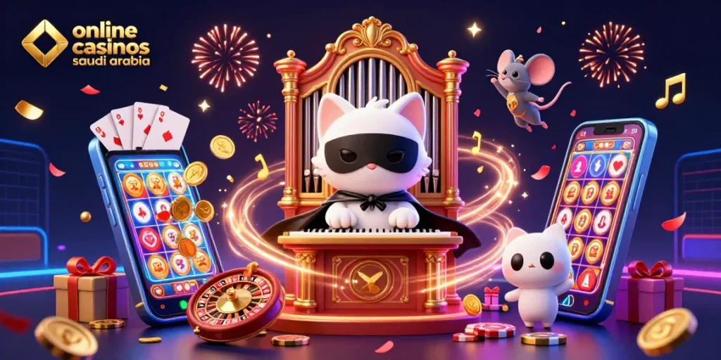 Engage with online casinos Saudi Arabia featuring a dynamic casino scene with colorful games and characters.
