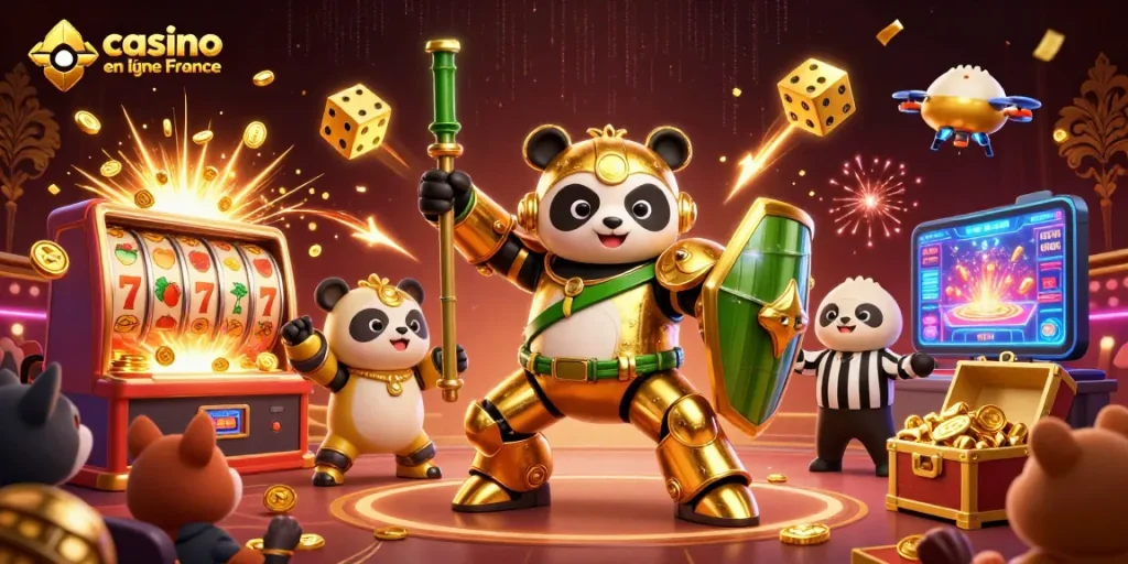 Explore les jeux de casino en ligne France avec un panda en armure avant de gagner des jackpots.
