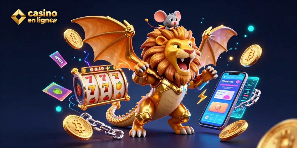 Plongez dans l'univers des jeux avec casino en ligne france, où une chimère ornée et une petite souris jockey célèbrent des gains.