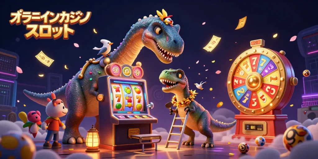 オンラインカジノ スロットでスロットマシンを引くラプトルの3Dイラスト