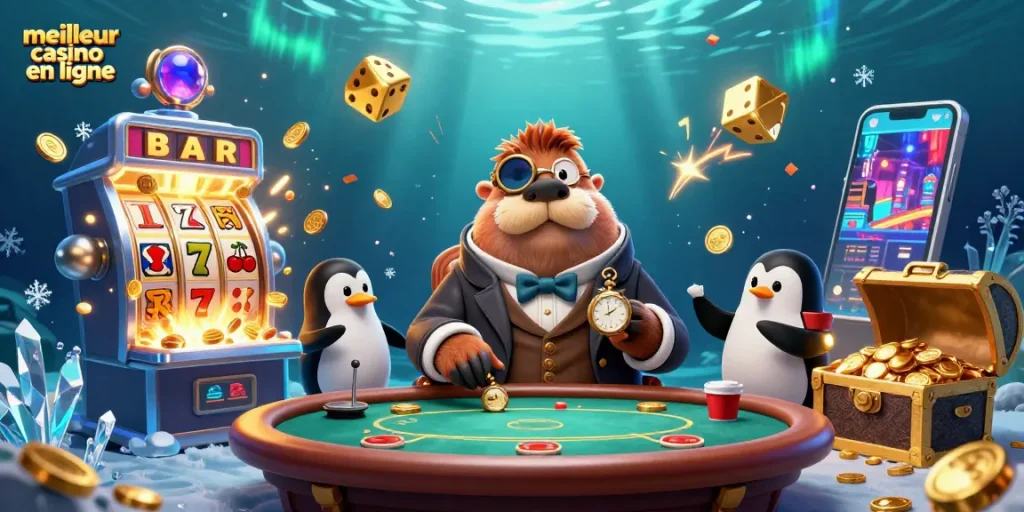 Gagnez au meilleur casino en ligne avec un joyeux morse jouant au poker dans un monde sous-marin.