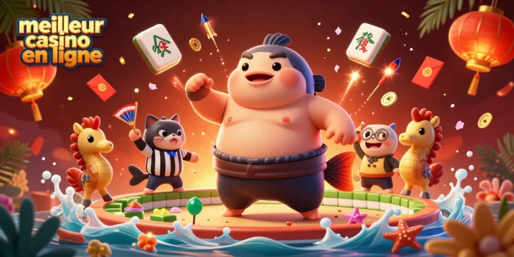 Illustration dynamique d’un fugu, meilleur casino en ligne, en scène de jeu sous-marine avec des éléments de casino