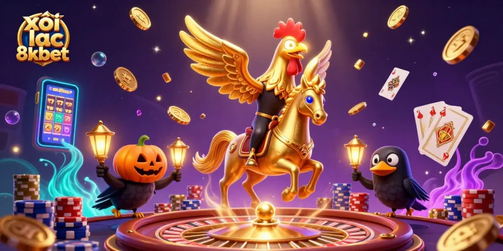 Xôi lạc 8xbet showcases a golden rooster on a spectral horse amidst sparkling casino excitement.