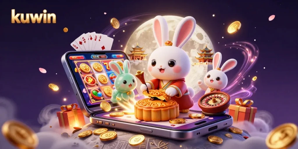 Kuwin interactive gaming scene with rabbit characters, slot games, and abundant elements for gamblers.
