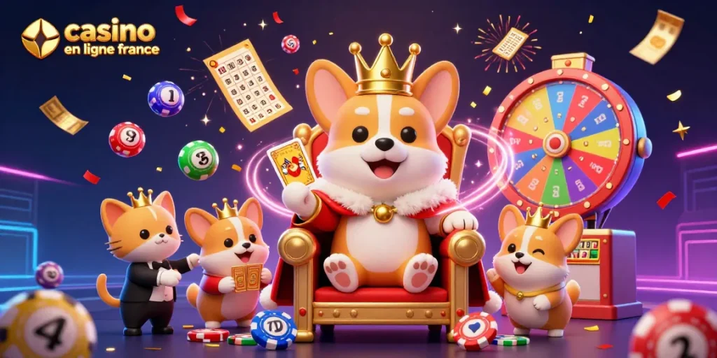Illustration de casino en ligne France avec un corgi royal et des éléments de jeu captivants.