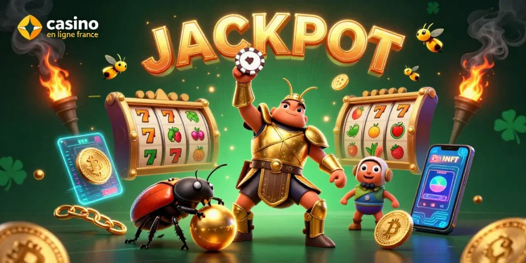 Le jackpot dans un casino en ligne France, avec un scarabée héros et des éléments de jeu dynamiques.