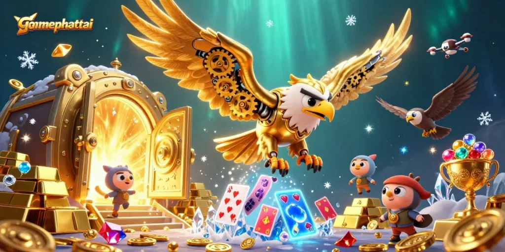 Experience gamephattai adventures with a golden eagle amidst treasure and holographic cards.